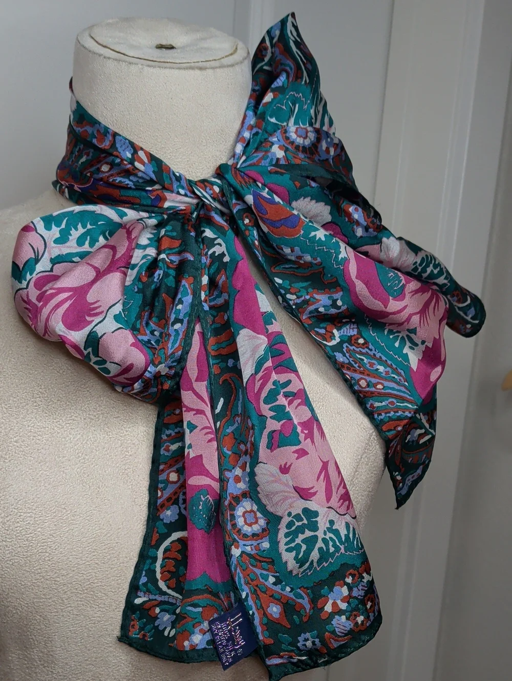 Vintage 80s Silk Honey Scarf Pink & Teal Floral Elegant Rectangle 53